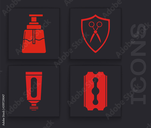 Set Blade razor, Aftershave, Scissors hairdresser and shield and Cream or lotion cosmetic tube icon. Vector