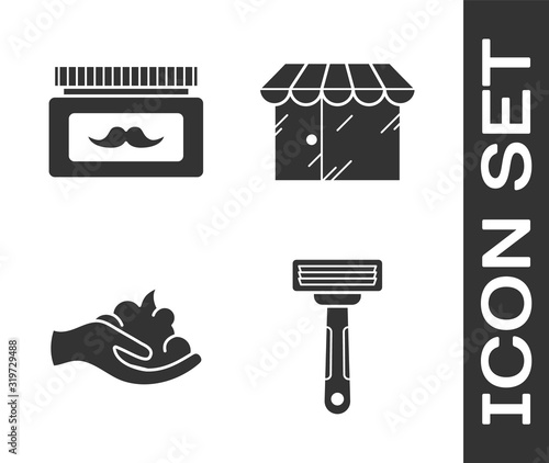 Set Shaving razor, Cream or lotion cosmetic jar, Shaving gel foam on hand and Barbershop building icon. Vector
