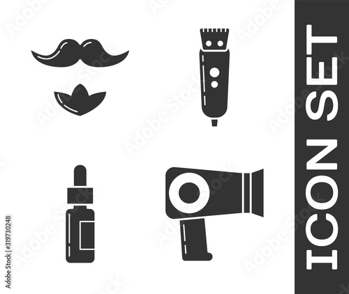 Set Hair dryer, Mustache and beard, Glass bottle with a pipette and Electrical hair clipper or shaver icon. Vector