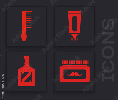 Set Cream or lotion cosmetic jar, Hairbrush, Cream or lotion cosmetic tube and Aftershave icon. Vector