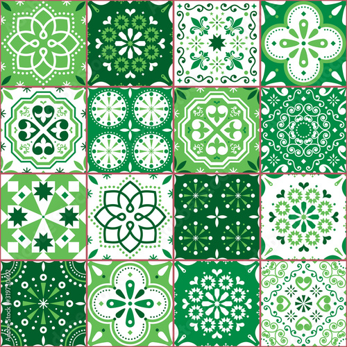 Portuguese or Spanish Azujelo vector seamless green tiles design - Lisbon retro blue pattern, tile big collection 	