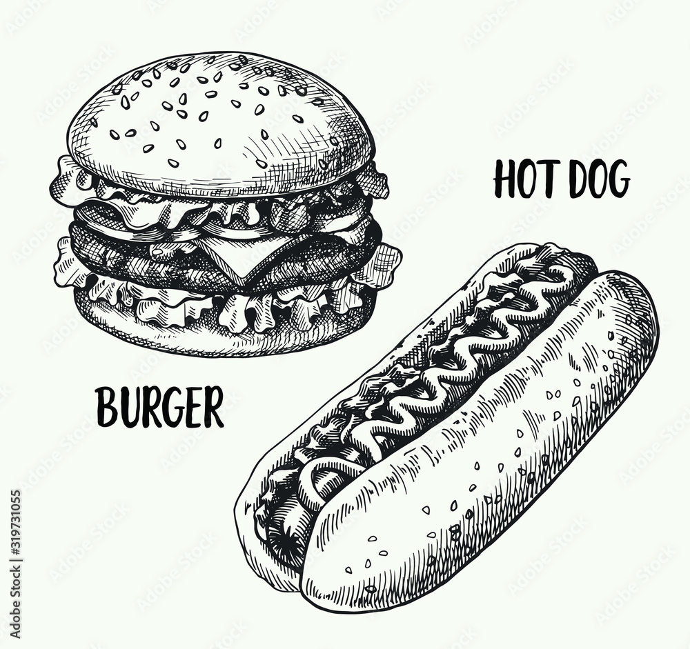 Hand drawn illustration of hamburger and hotdog. Set fast food. Stock ...
