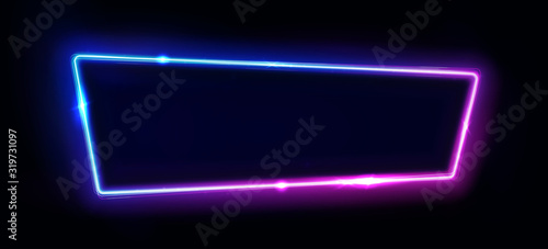 Neon border or frame. Lights sign. Vector abstract neon background for signboard or billboard. Geometric glow outline shape or laser glowing lines. Abstract background with space for logo or text.