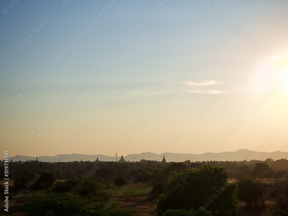 The wide landscape of Bagan under the evening sun in World Heritage Site, Myanmar