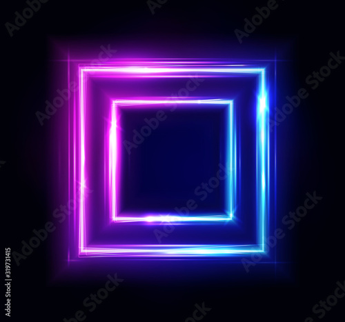 Neon rectangle frame or neon lights square sign. Vector abstract background, tunnel, portal. Geometric glow outline square shape or laser glowing lines. Abstract background with space for your text.