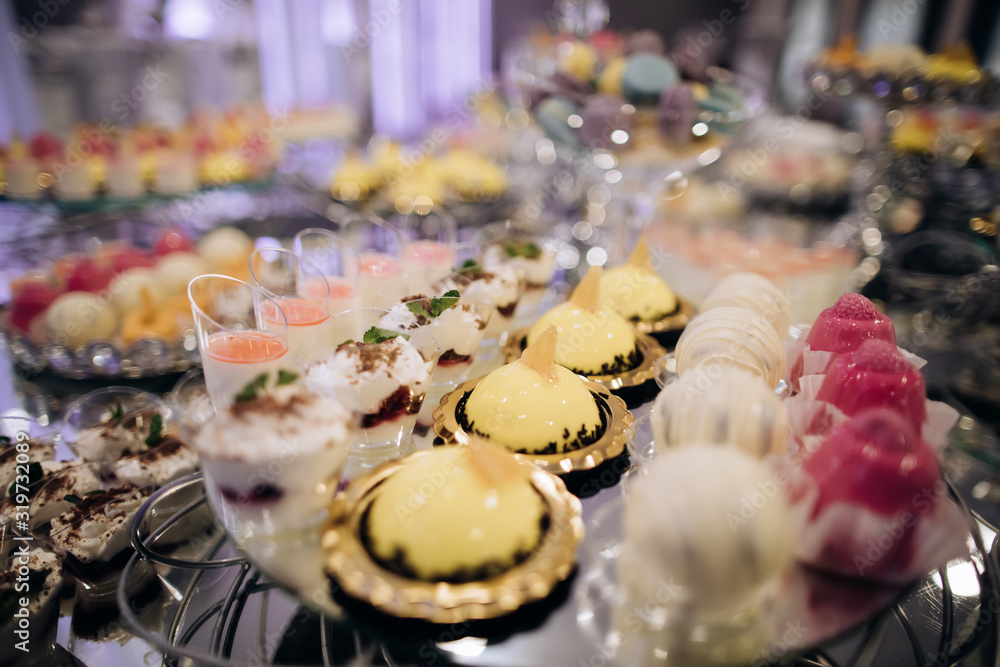 candy bar, cake on wedding reception, catering food