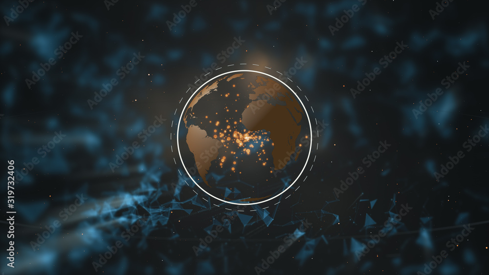 A planet and ozone layer out of white abstract particles over dark-blue plexus space background. - obrazy, fototapety, plakaty 