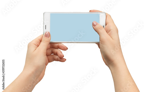 Touch screen mobile phone, in hand on white background