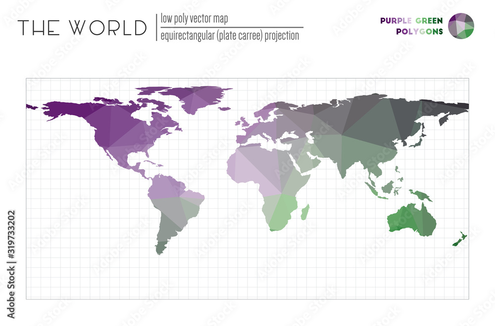 Abstract world map. Equirectangular (plate carree) projection of the world. Purple Green colored polygons. Beautiful vector illustration.