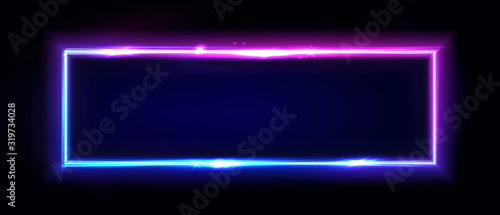 Neon rectangle frame or neon lights horizontal sign. Vector abstract background, tunnel, portal. Geometric glow outline shape or laser glowing lines. Abstract background with space for your text. photo