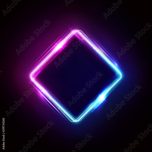 Neon rhombus frame or neon lights sign. Retrowave vector abstract background, tunnel, portal. Geometric glow outline rhombus shape or laser glowing lines. Background with space for your text