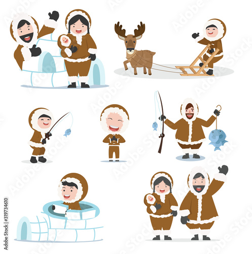 set of eskimos people family vector