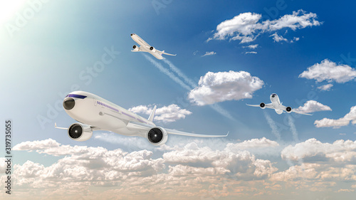 Airplane flying in blue sky with clouds. Template, mockup, design. 