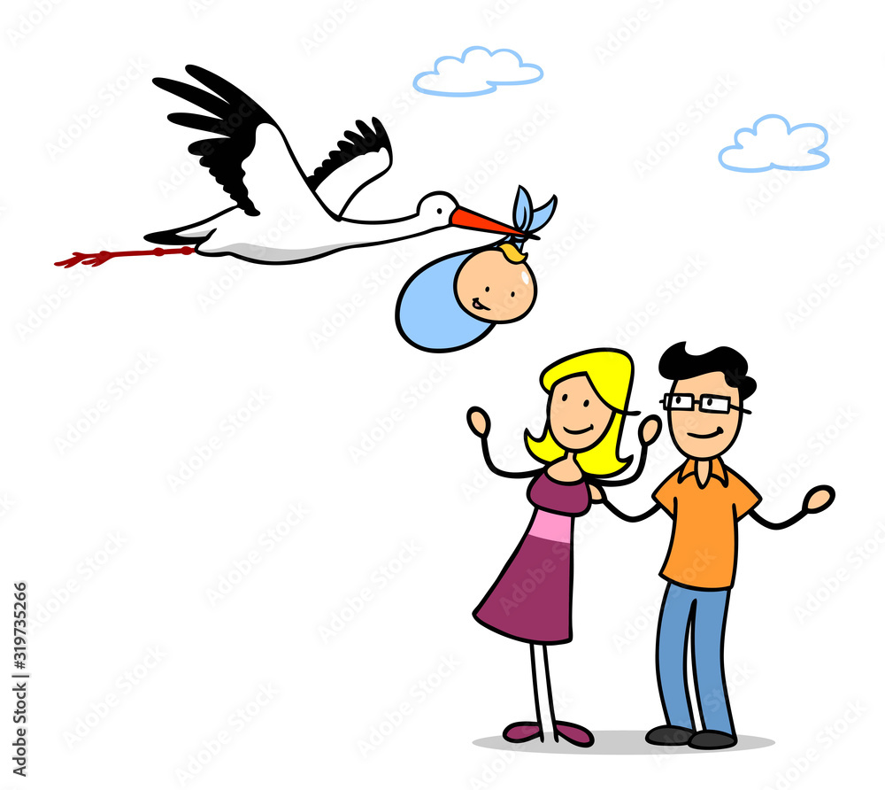 Storch bringt Baby zu Eltern als niedliches Clipart Stock Illustration