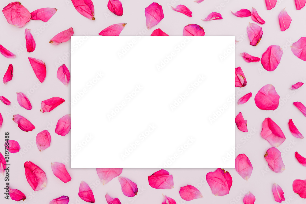 Rose petals with copy space. Greeting card for Valentine's Day, Mother's Day or wedding. Floral background, concept of love and romance.