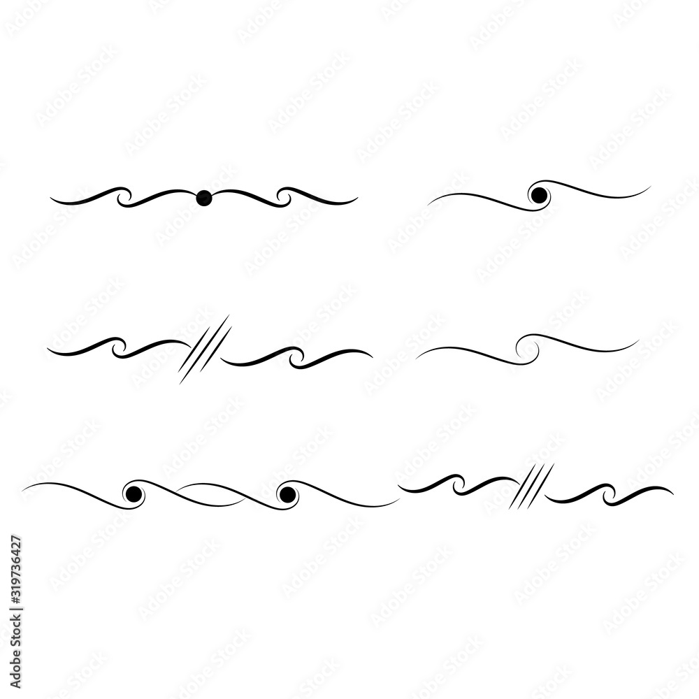 Decorative swirls dividers. Elegance line for frame, invitation. Delimiter old text, calligraphic swirl border ornaments and vintage divider Ornament curl, calligraphy victorian lines Vector icons set Decorative swirls dividers. Elegance line for frame, invitation. Delimiter old text, calligraphic swirl border ornaments and vintage divider Ornament curl, calligraphy victorian lines Vector icons set