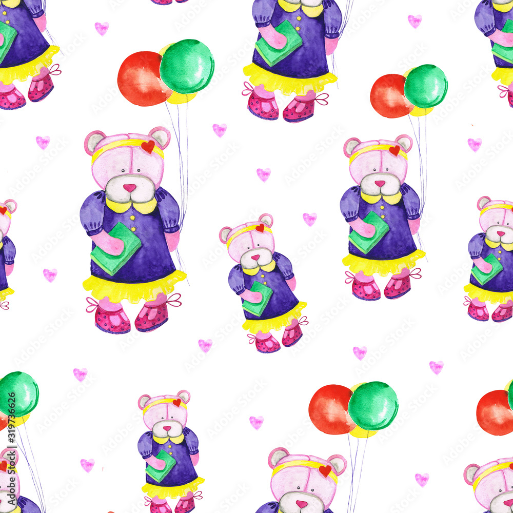 a little teddy bear in a pretty purple dress with yellow ruches holding a green book and colorful balloons. romantic watercolor illustration suitable for Valentine's day, love card. seamless backgroun a little teddy bear in a pretty purple dress with yellow ruches holding a green book and colorful balloons. romantic watercolor illustration suitable for Valentine's day, love card. seamless backgroun