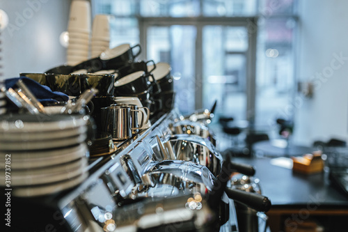 Coffee shop background, professional espresso machine in close up view