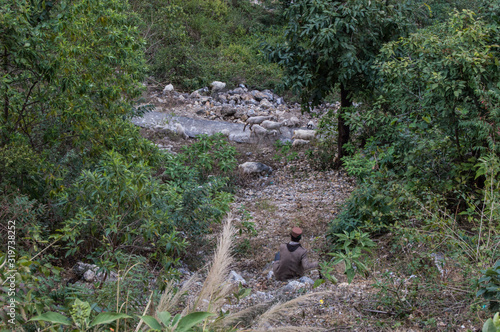 Fotografie A goatherd watching his herd passing on a trail in Rishikesh, India