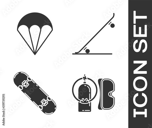Set Diving mask and aqualung, Parachute, Skateboard trick and Skateboard icon. Vector
