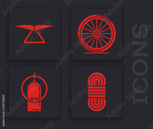 Set Climber rope, Hang glider, Bicycle wheel and Aqualung icon. Vector
