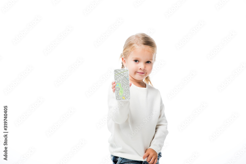 adorable kid showing smartphone with map on screen, isolated on white adorable kid showing smartphone with map on screen, isolated on white