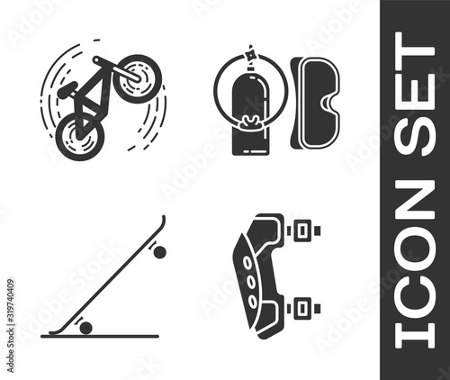 Set Knee pads, Bicycle trick, Skateboard and Diving mask and aqualung icon. Vector