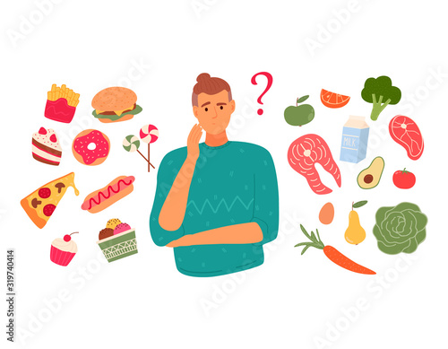 A person chooses between fast food and healthy