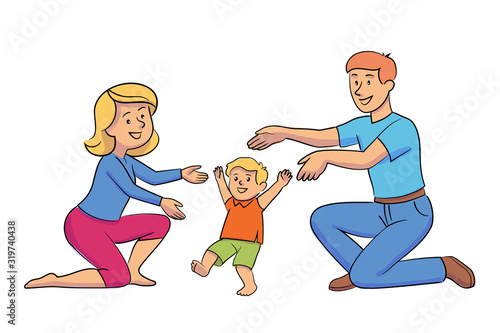 Happy mother and father teaching baby to walk