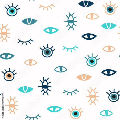 Trendy evil eyes seamless pattern as set of various hand drawn talismans in simple flat design, free hand doodle style, contemporary modern vector illustration