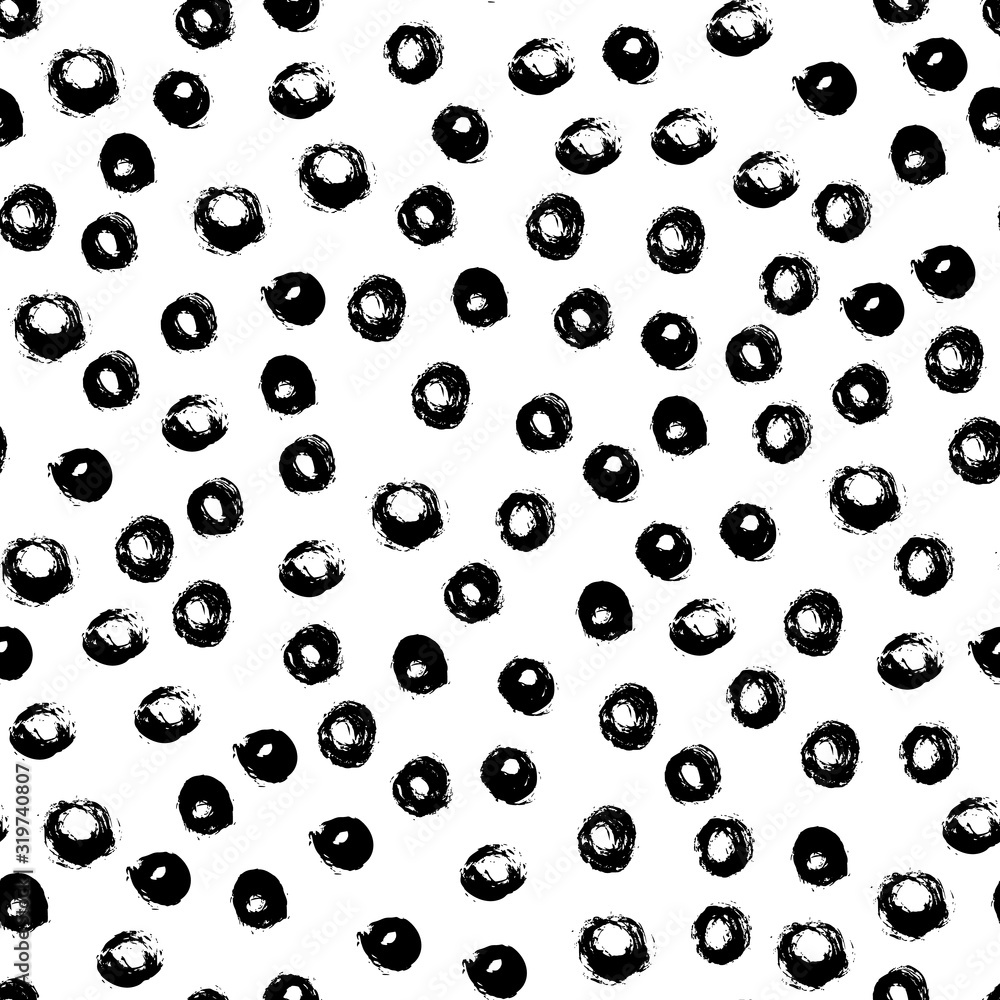 Seamless polka dot pattern hand drawn with a brush. Vector Monochrome Grunge texture of circles. Scandinavian background in a simple style for printing on textiles, paper, Wallpaper, print on t-shirts Seamless polka dot pattern hand drawn with a brush. Vector Monochrome Grunge texture of circles. Scandinavian background in a simple style for printing on textiles, paper, Wallpaper, print on t-shirts