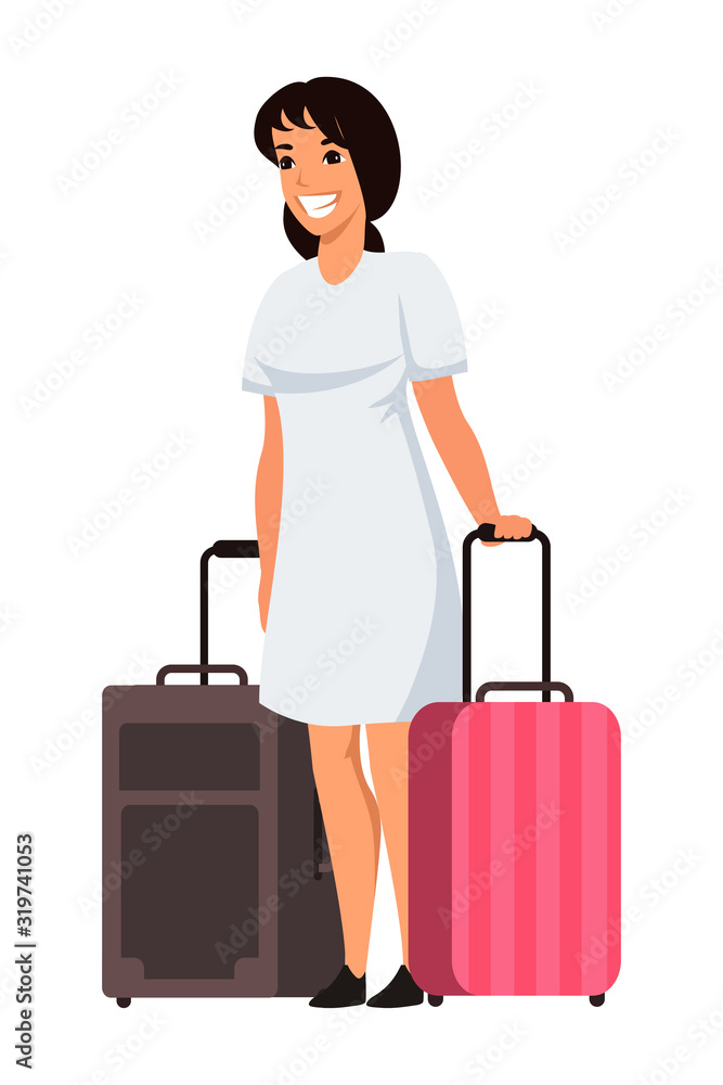 Smiling woman with luggage bag standing on white