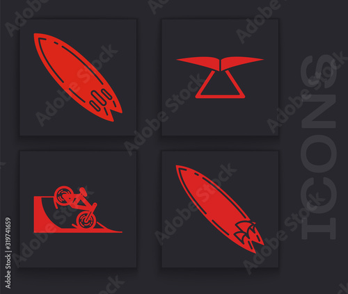 Set Surfboard, Surfboard, Hang glider and Bicycle on street ramp icon. Vector