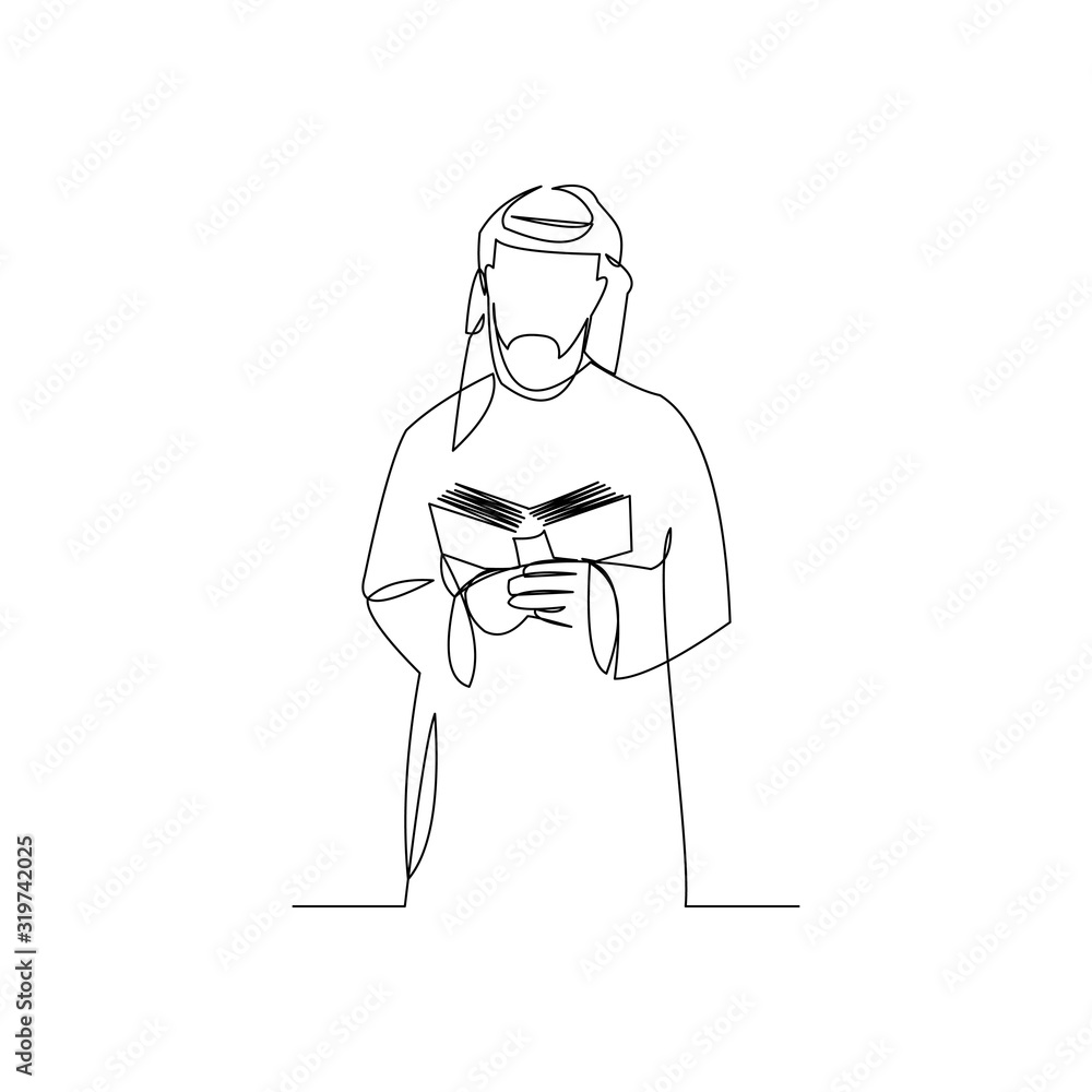 Continuous line drawing of muslim man read quran can use for ramadan and ied mubarak. Vector illustration.