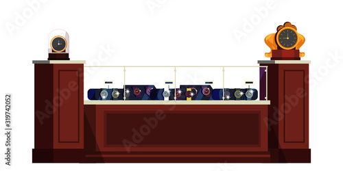 Shiny clock and wristwatch fashion shop showcase