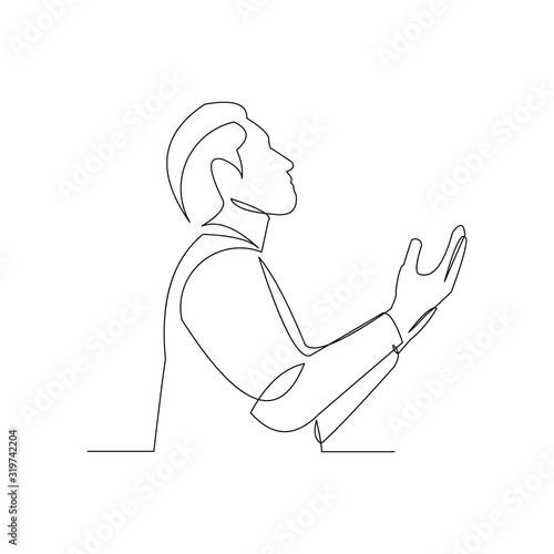 Continuous line drawing of muslim man pray and raise hand can use for ramadan and ied mubarak. Vector illustration.