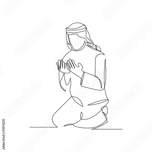 Continuous line drawing of muslim man pray and raise hand can use for ramadan and ied mubarak. Vector illustration.