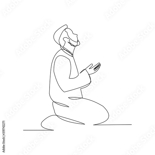 Continuous line drawing of muslim man pray and raise hand can use for ramadan and ied mubarak. Vector illustration.