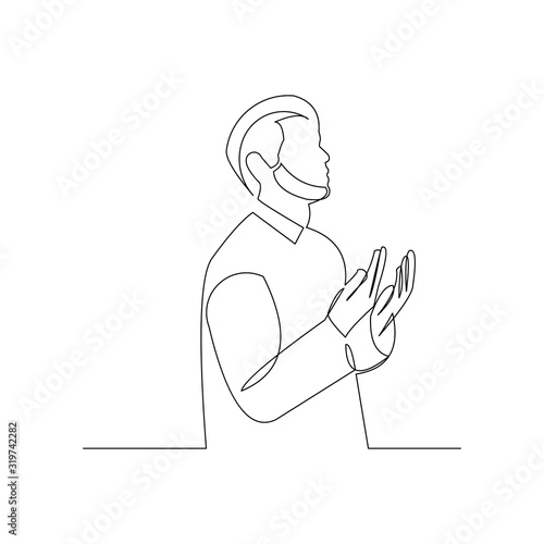 Continuous line drawing of muslim man pray and raise hand can use for ramadan and ied mubarak. Vector illustration.