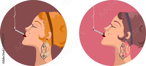 Glamorous woman with abstract shaped earrings smoking a cigarette