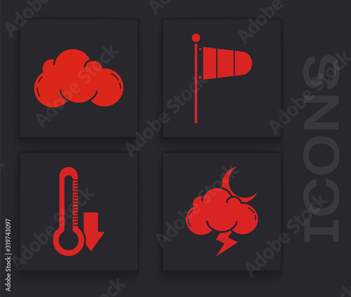 Set Storm, Cloud, Cone meteorology windsock wind vane and Thermometer icon. Vector