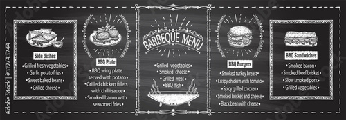 Chalkboard barbecue menu template - steaks, burgers, sandwiches, side dishes