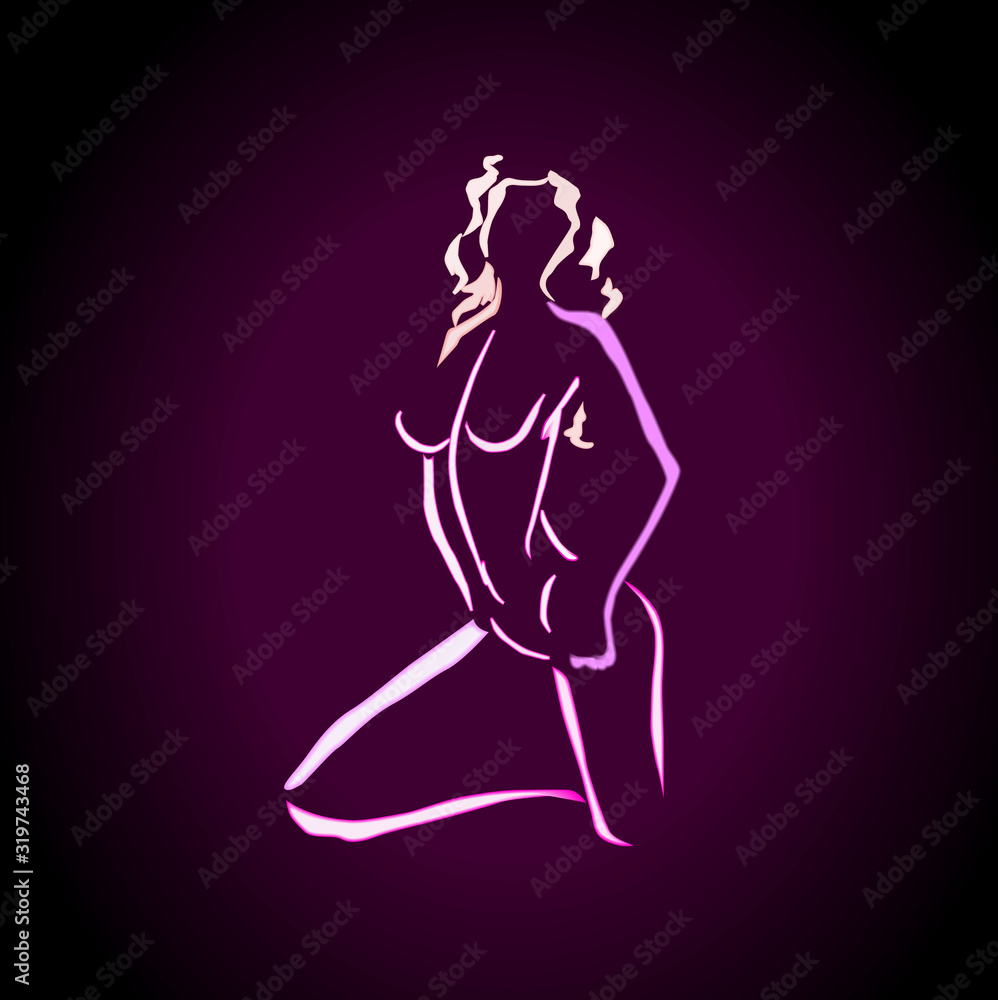 Abstract neon woman body in line art style. Pink color