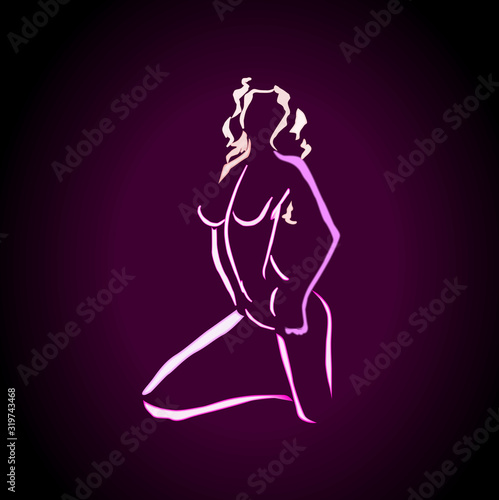 Abstract neon woman body in line art style. Pink color