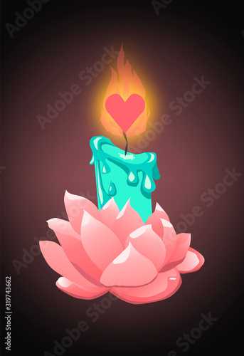 Turquoise candle in rose flower holder with heart shaped wick