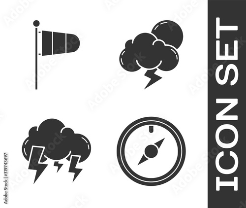 Set Wind rose, Cone meteorology windsock wind vane, Storm and Storm icon. Vector