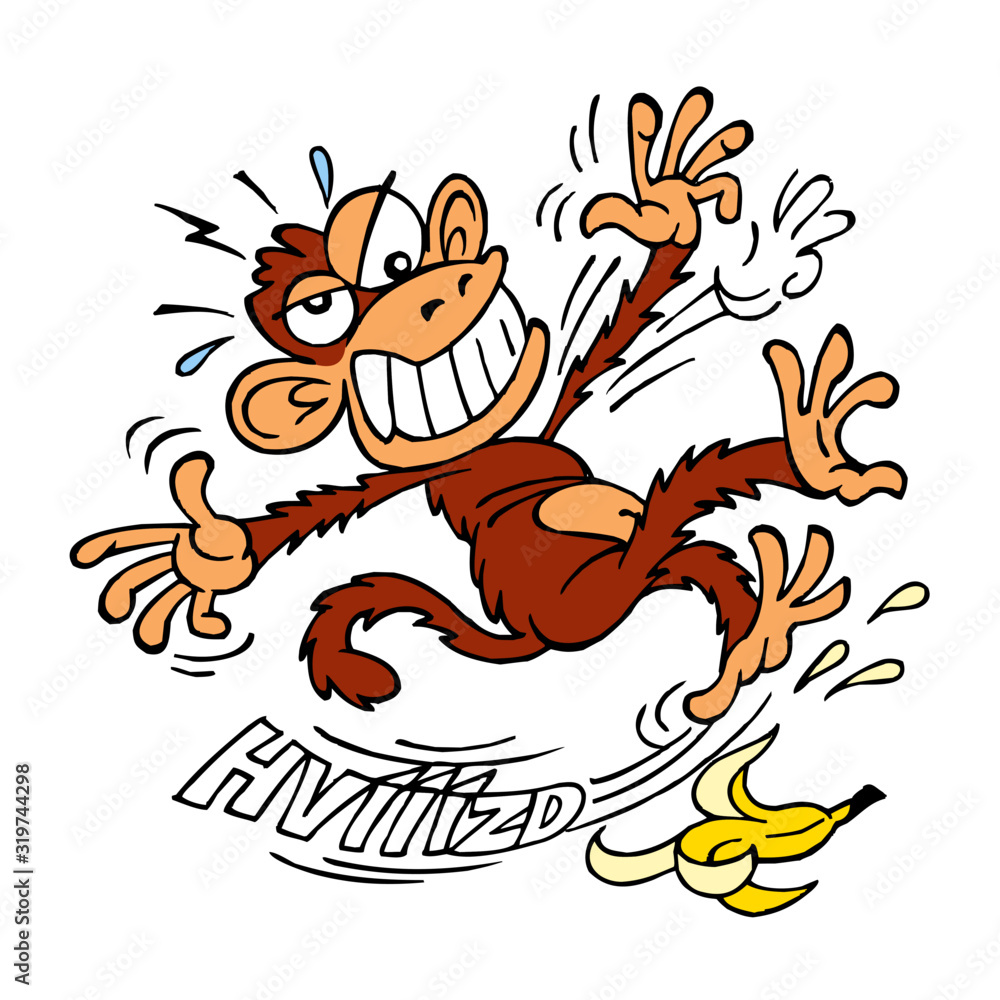 Monkey slipped on the peel of a banana and falls to the ground, color cartoon