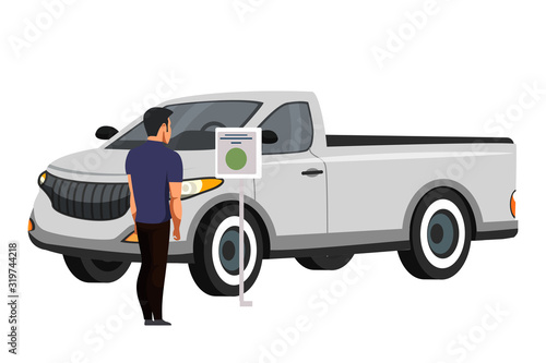 Man customer client choosing new car in showroom
