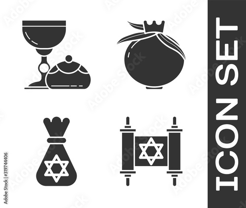 Set Torah scroll, Jewish goblet and hanukkah sufganiyot, Jewish money bag with star of david and Pomegranate icon. Vector