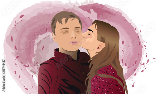 Young girl kissing his boyfriend on the cheek. Colorful drawing on background